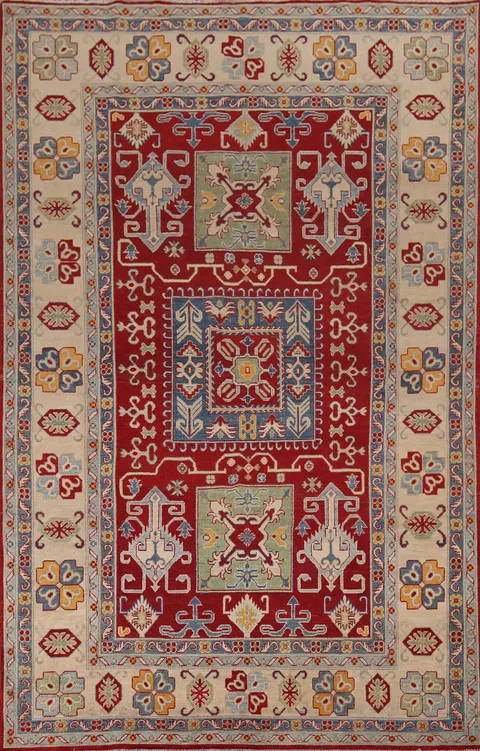 Geometric Red Kazak Living Room Area Rug 7x10