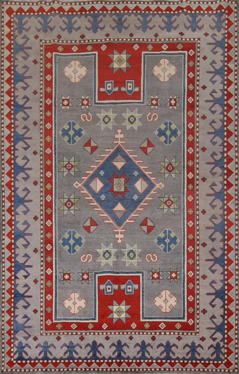 Gray Geometric Kazak Oriental Area Rug 7x10