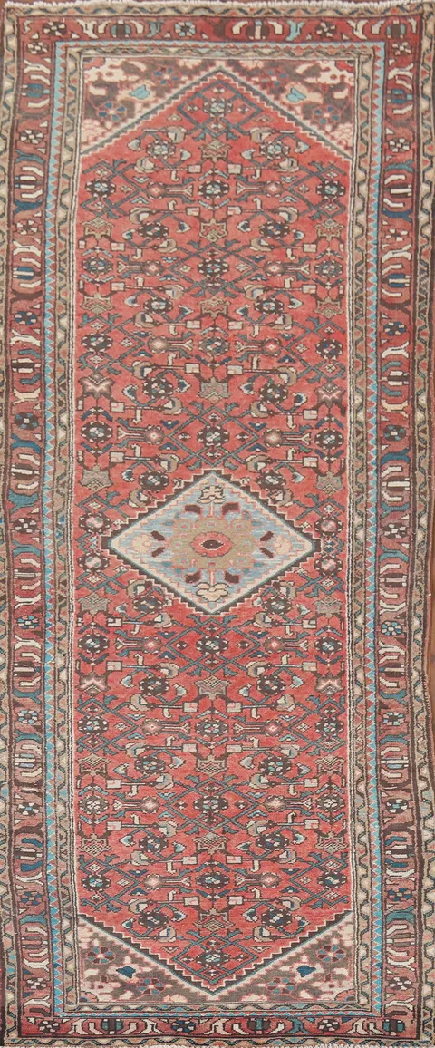 Vintage Geometric Hamedan Persian Runner Rug 4x10