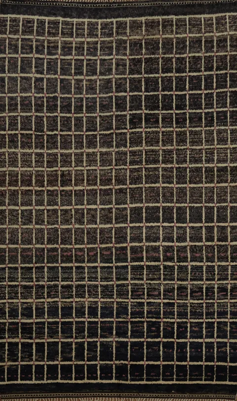 Chic Black and Navy Checkered Moroccan Area Rug for Living Room 10'x15'