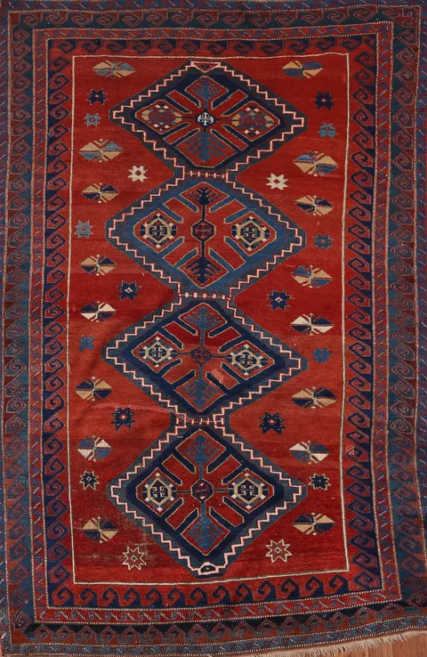 Antique Wool Kazak Vegetable Dye Area Rug 5x8
