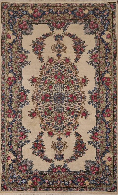 Vegetable Dye Handmade Floral Kerman Persian Rug 4x7