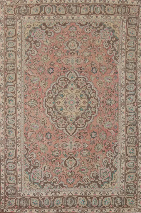 Vintage Wool Pink Mashad Persian Area Rug 6x9