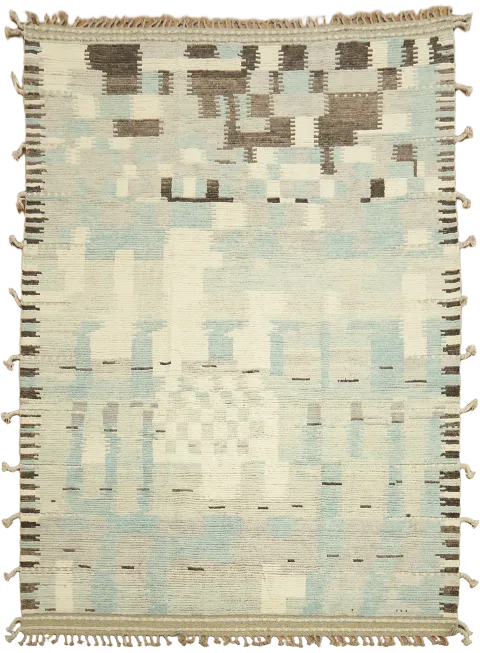 Earth-Toned Modern Moroccan Rug with Unique Abstract Design and Fringe 9x12