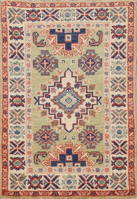 Pistachio Green Geometric Kazak Oriental Rug 2x3