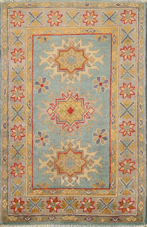 Light Blue Geometric Kazak Oriental Accent Rug 2x3
