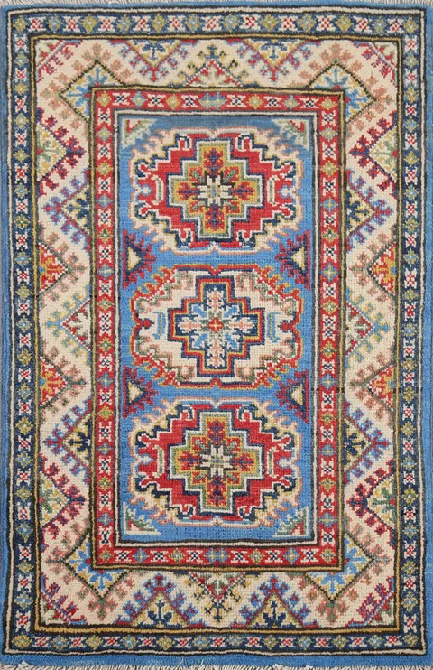 Geometric Blue Kazak Oriental Foyer Rug 2x3