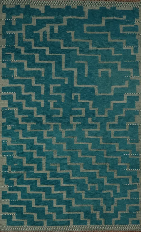 Vibrant Teal Stairs Patterned Moroccan Large Modern Rug 12x16