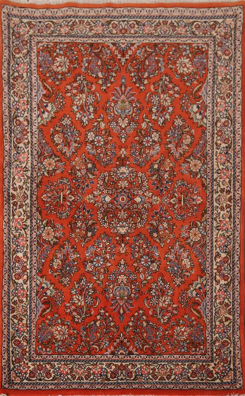 Orange Wool Floral Sarouk Persian Rug 4x6