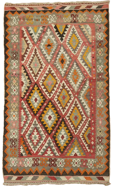 Red & Pink Geometric Kilim Flat Pile Persian Rug 4x7