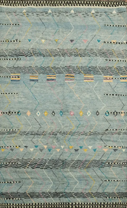 Enchanting Moroccan Blue Rug with Modern Geometric and Chevron Style 7x11
