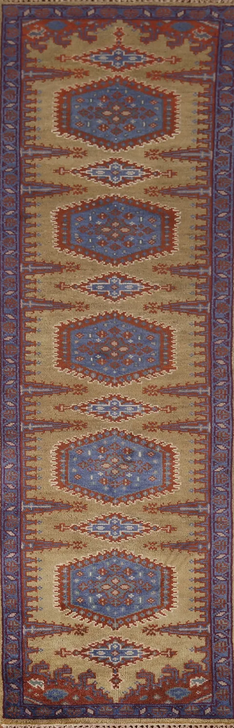 Geometric Green Viss Oriental Runner Rug 3x10