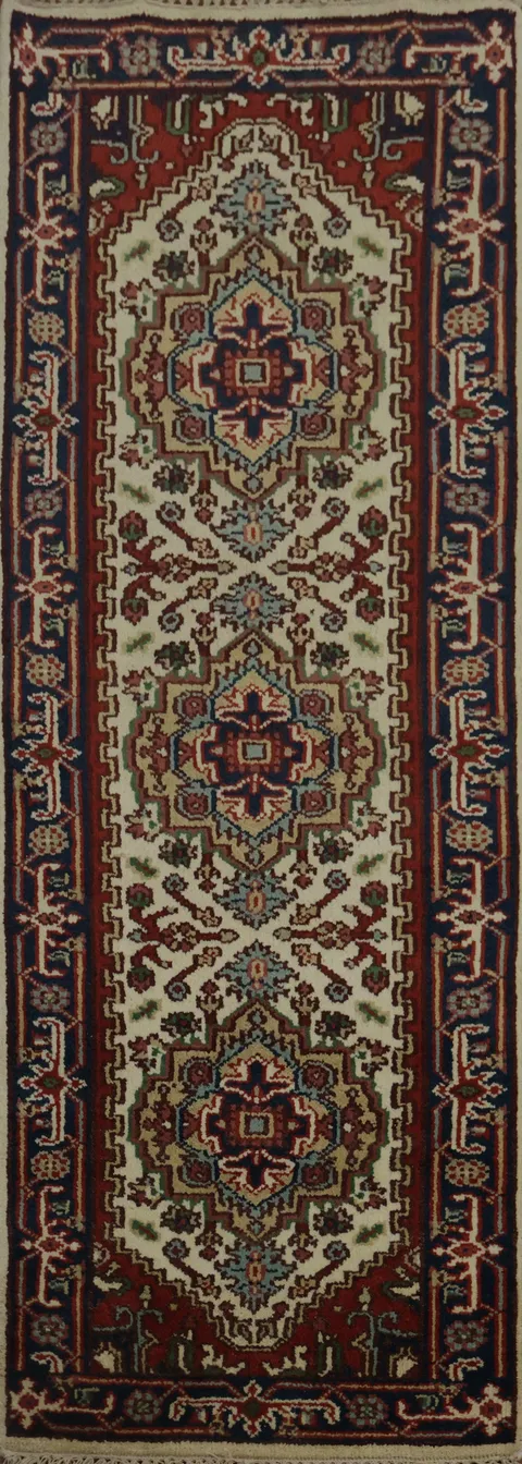 Geometric Heriz Serapi Runner Rug 3x8 Elegance for Any Hallway