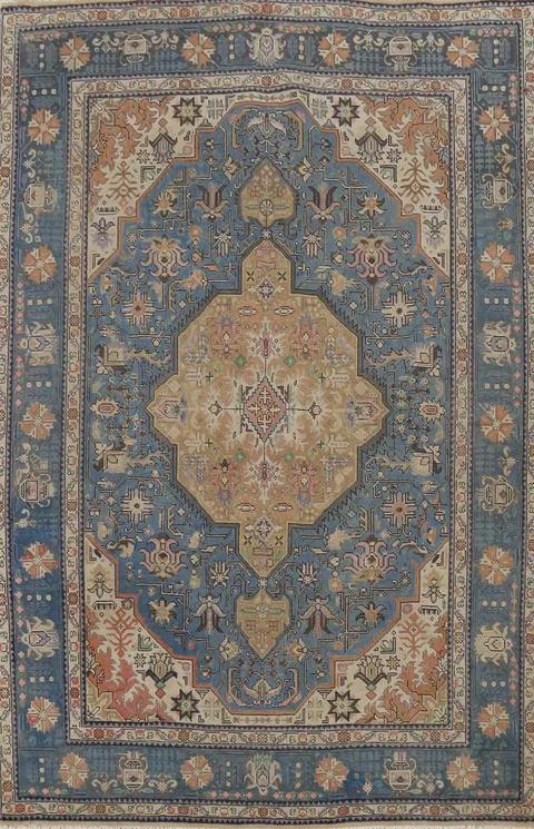 Wool Geometric Blue Tabriz Persian Area Rug 7x10
