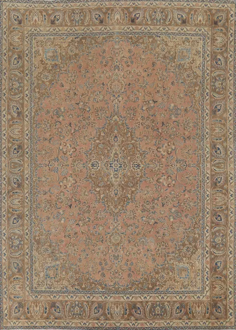 Traditional Pink Floral Mashad Persian Area Rug 9x12