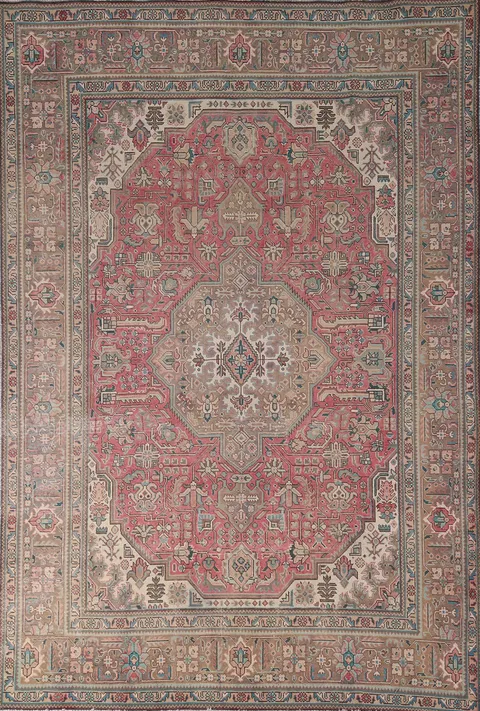 Pink Geometric Wool Tabriz Persian Area Rug 7x10