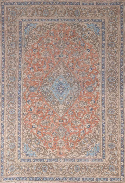 Orange Wool Floral Mashad Persian Area Rug 6x9