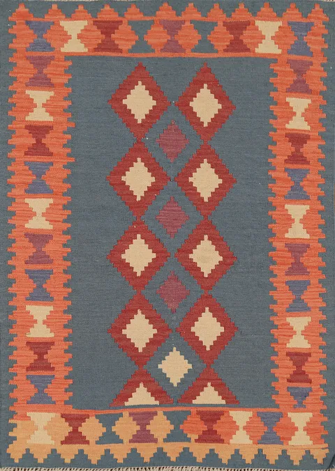 Geometric Blue Flat Weave Kilim Persian Rug 4x6