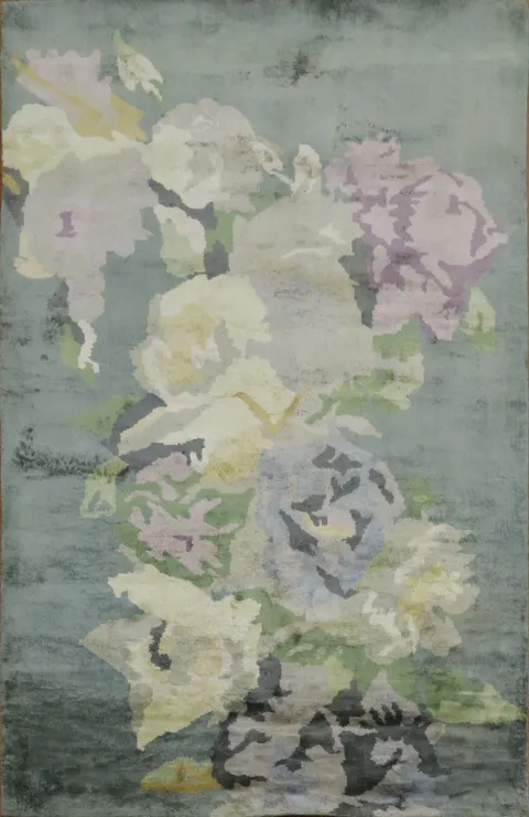 Gray Silver Flowers Silk Oriental Area Rug 5x8