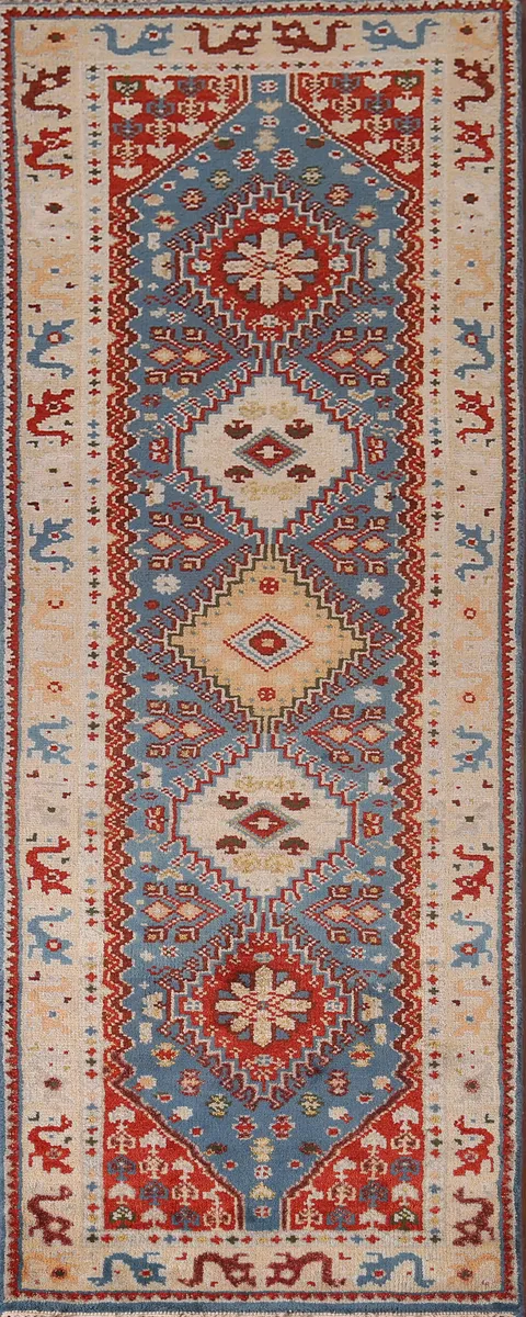 Blue Geometric Kazak Indian Accent Rug 3x6
