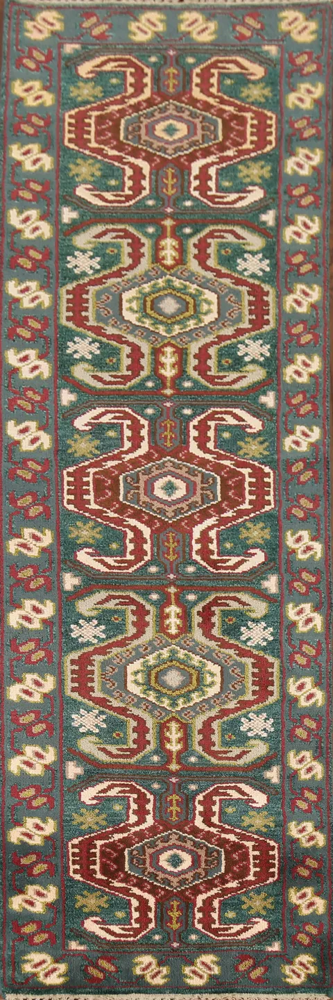 Green Geometric Kazak Indian Runner Rug 2x10