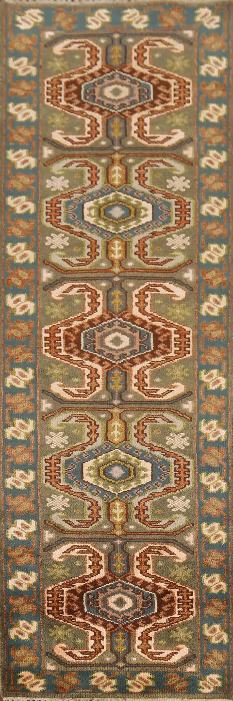Green Geometric Kazak Oriental Runner Rug 3x10