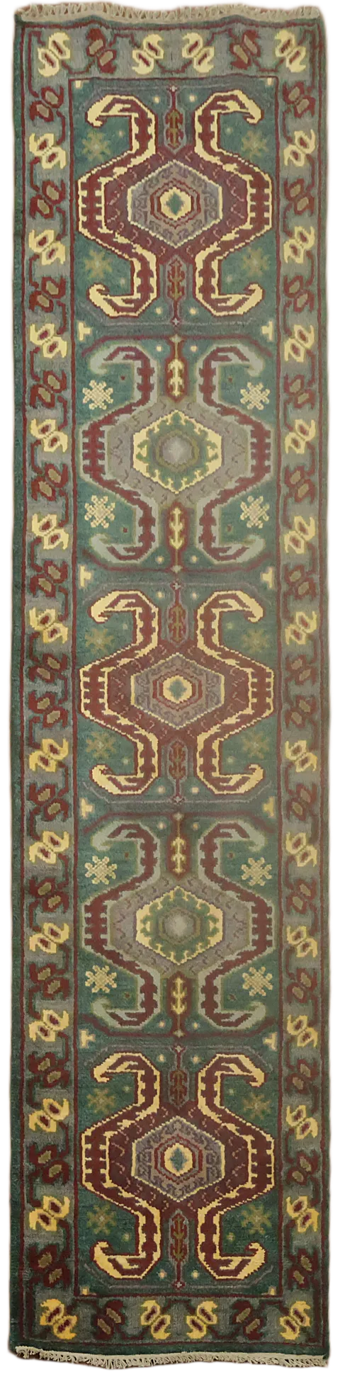 Green Geometric Kazak Oriental Runner Rug 2x10