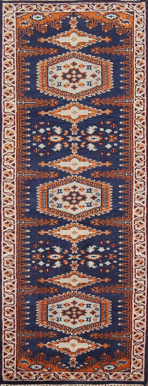 Blue Geometric Viss Oriental Runner Rug 3x8
