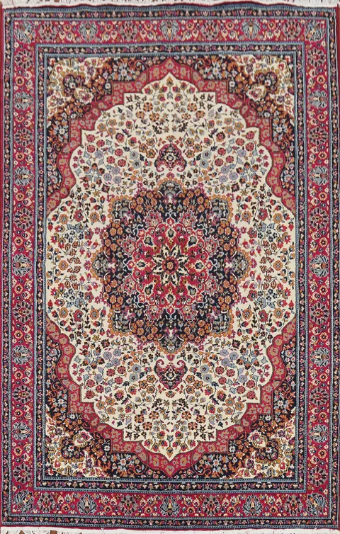 Floral Ivory Mashad Turkish Living Room Rug 6x10