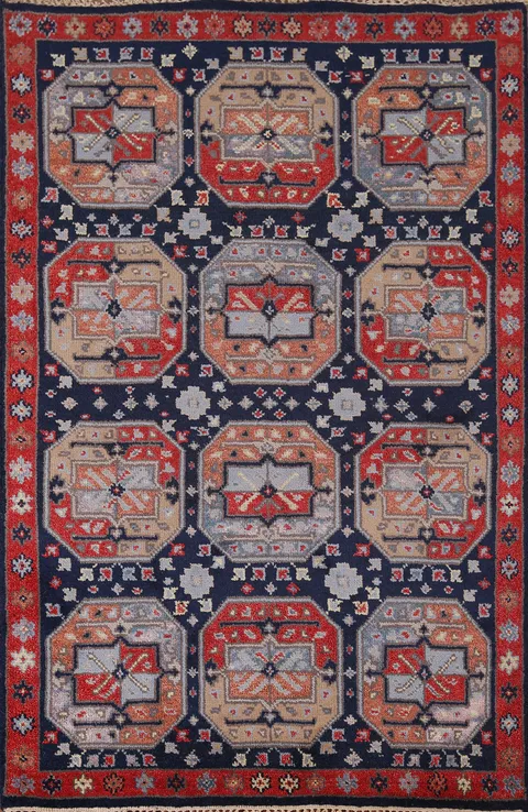 All-Over Geometric Navy Blue Khotan Indian Rug 4x6