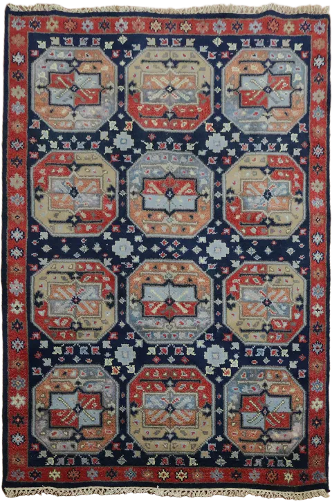 All-Over Geometric Navy Blue Khotan Indian Rug 4x6
