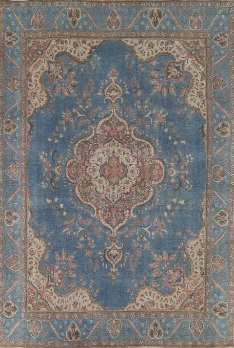 Blue Handmade Floral Tabriz Persian Area Rug 10x13