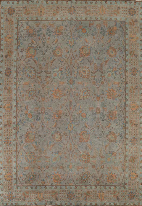 All-Over Distressed Floral Tabriz Persian Area Rug 10x13