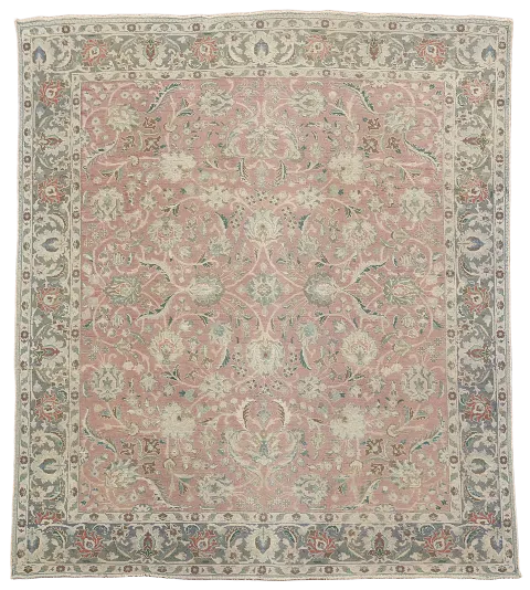 Traditional Muted Pink Color Floral Tabriz Persian Distressed Square Rug 10x11 ft