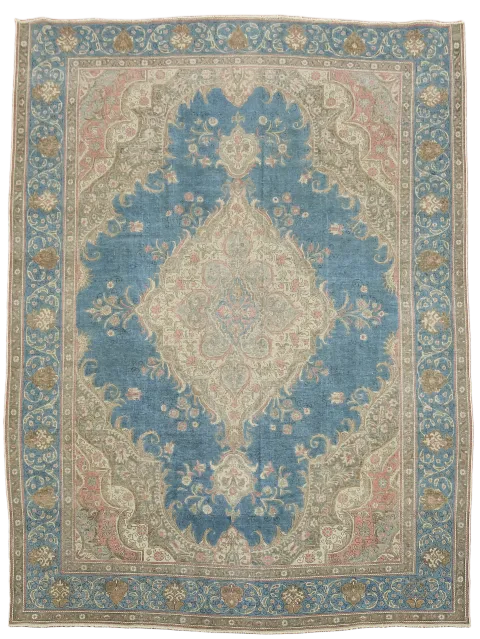 Distressed Blue and Pink Vintage Tabriz Persian Area Rug 10x13