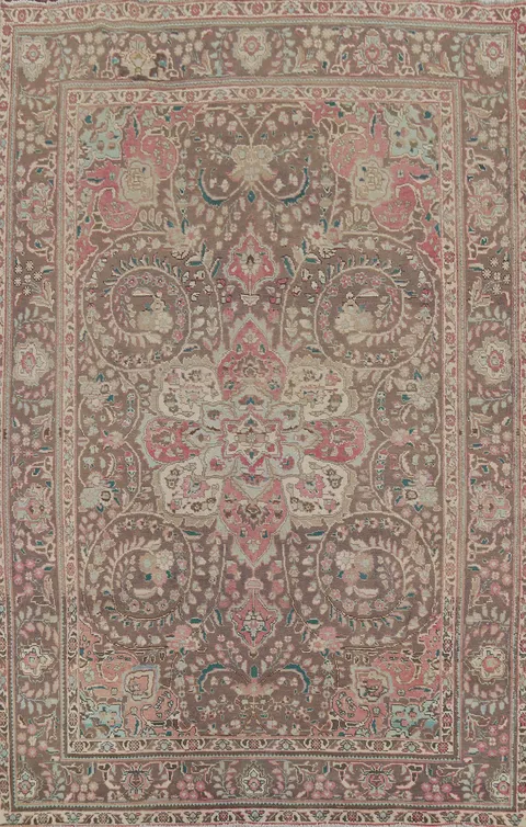 Vintage Brown Floral Tabriz Persian Area Rug 7x10