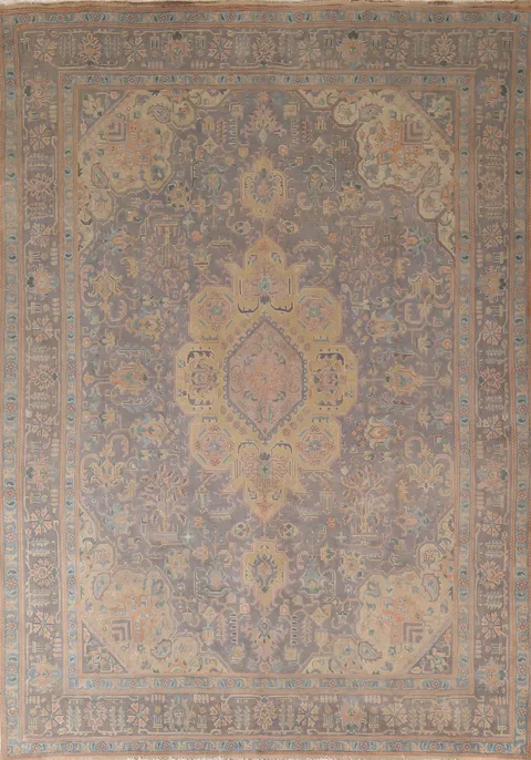 Geometric Wool Vintage Tabriz Persian Area Rug 10x13