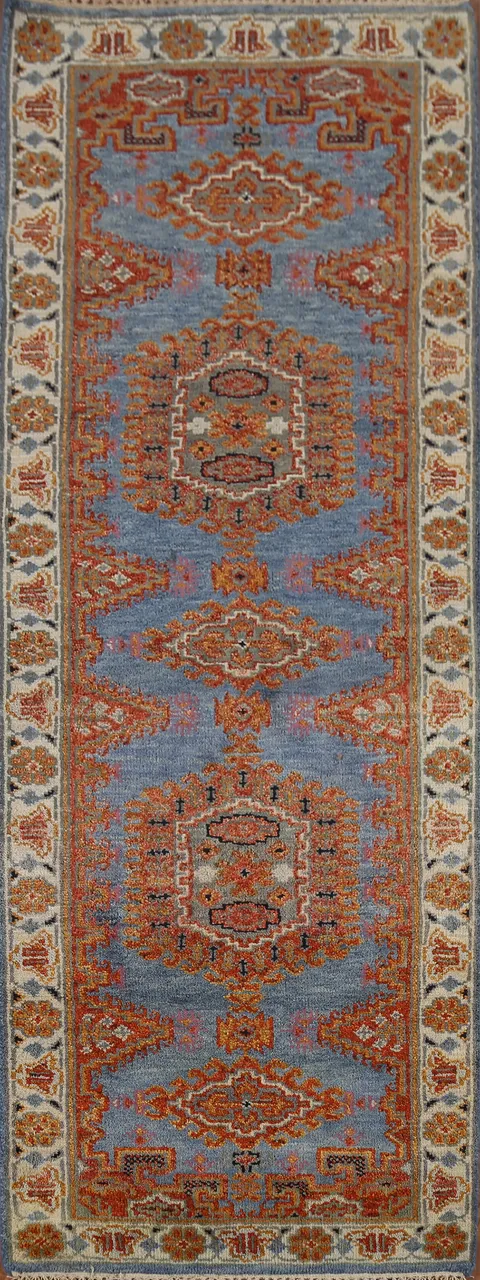 Blue Geometric Khotan Indian Runner Rug 3x8