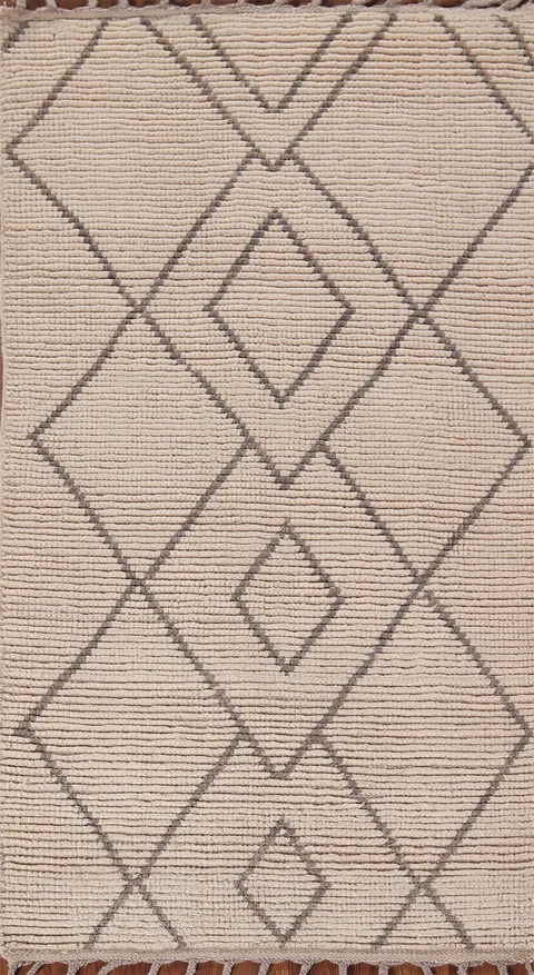 Striped Ivory Wool Moroccan Oriental Rug 3x6
