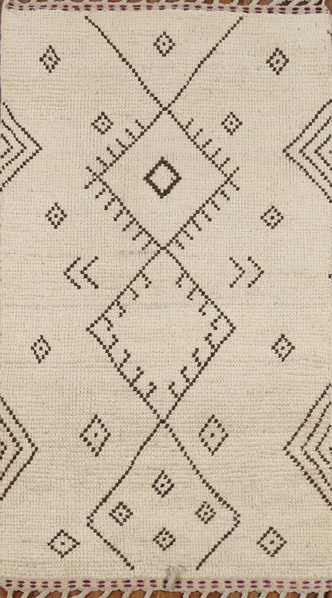 Ivory Wool Geometric Moroccan Oriental Rug 3x6