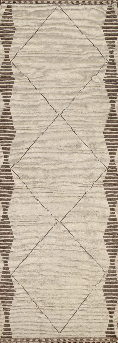 Handmade Wool Ivory Moroccan Runner Rug 3x12