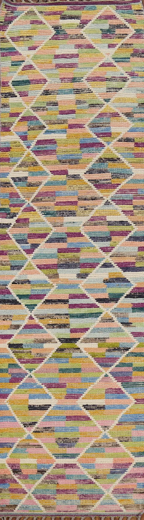 Multicolor Trellis Wool Moroccan Runner Rug 3x13