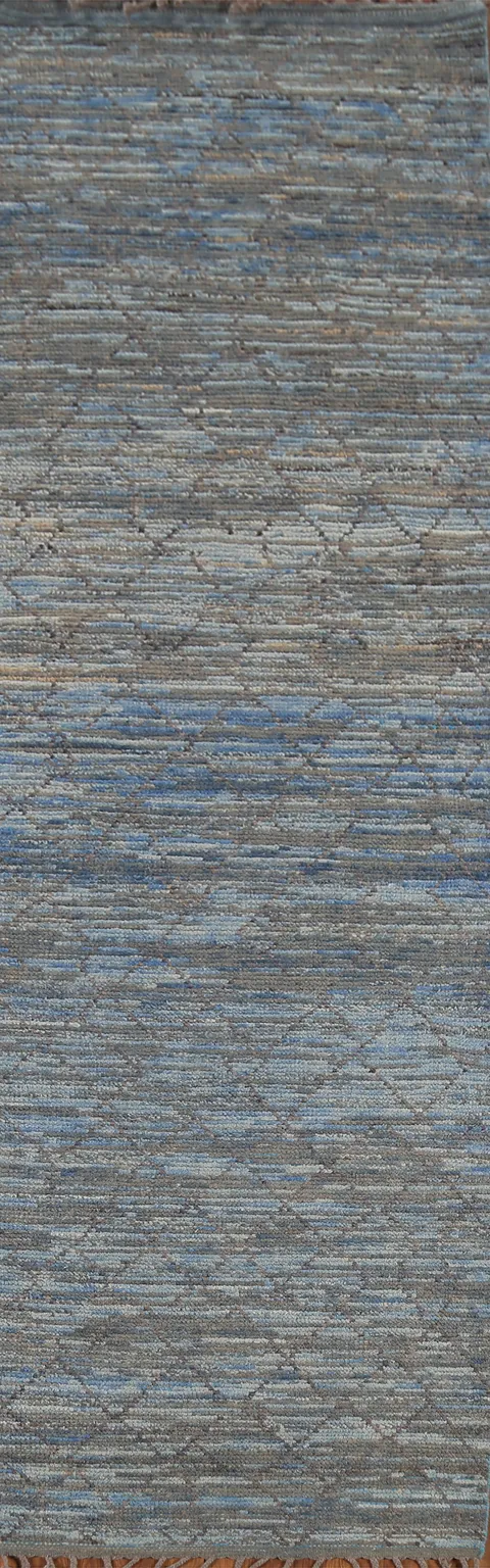 Striped Blue & Gray Trellis Moroccan Runner Rug 3x12