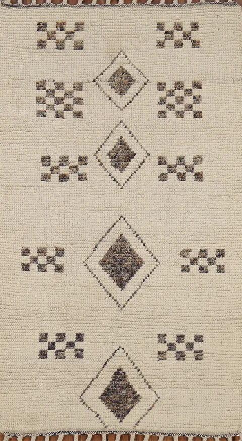 Handmade Ivory Geometric Moroccan Modern Rug 3x5