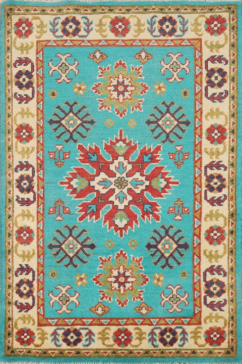 Turquoise Blue Kazak Handmade Wool Accent Rug 3x4