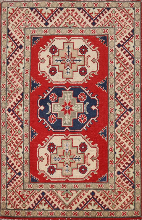 Geometric Kazak Handmade Wool Accent Rug 3x4