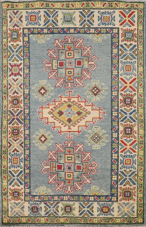 Blue Geometric Kazak Handmade Wool Accent Rug 3x4