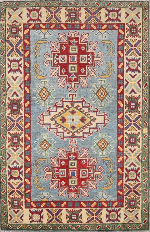 Light Blue Kazak Handmade Wool Accent Rug 3x4