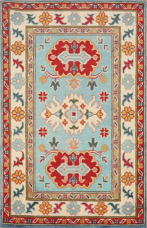 Aqua Blue Kazak Handmade Wool Accent Rug 3x4