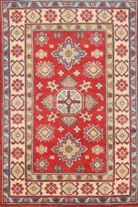 Red Geometric Kazak Handmade Wool Accent Rug 3x4